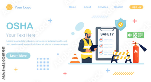 OSHA concept. Occupational safety regulations and health inspection. Government service protecting safety at job. Worker security protection policy. Caution regulation document for trauma prevention