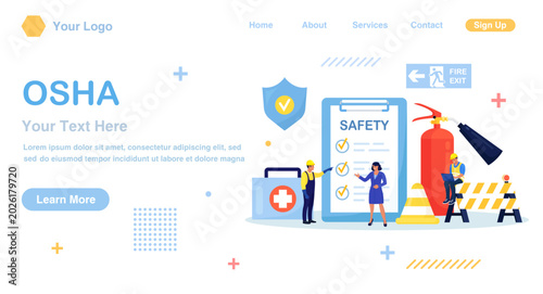 OSHA concept. Occupational safety regulations and health inspection. Government service protecting safety at job. Worker security protection policy. Caution regulation document for trauma prevention