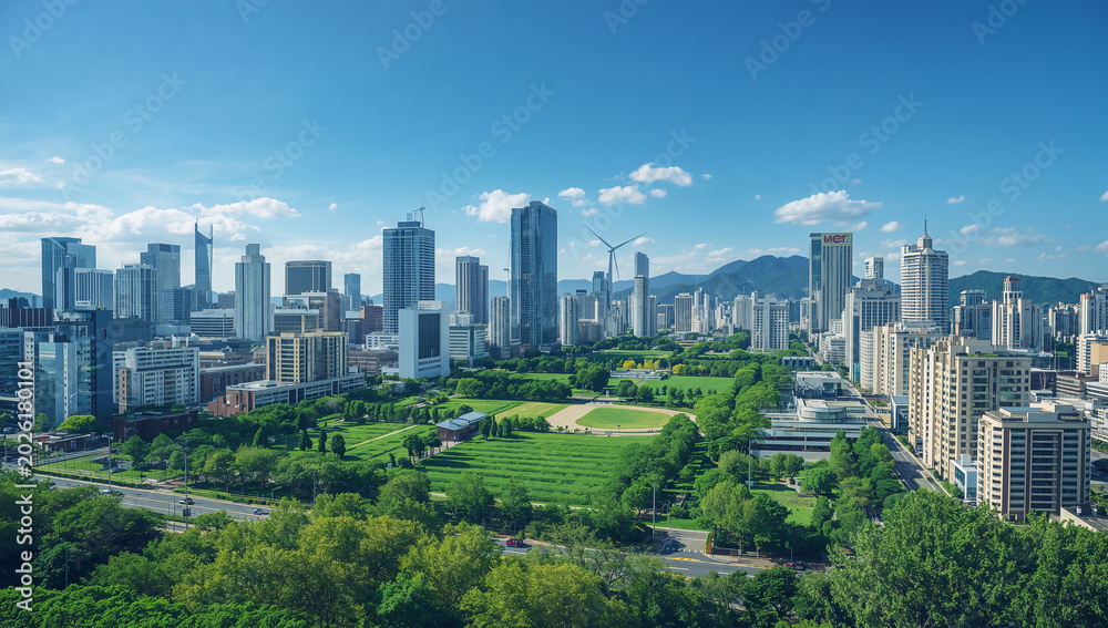 Fototapeta premium 都市景観に再生可能エネルギーと環境データが重なる写真