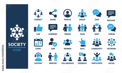 Bild auf Leinwand Social media community icons set, corporate business network, public society communication, online team collaboration, digital marketing forum elements
