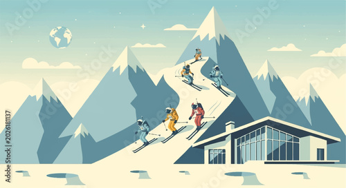 Φωτογραφία Skiers descending snowy mountain slope cartoon illustration