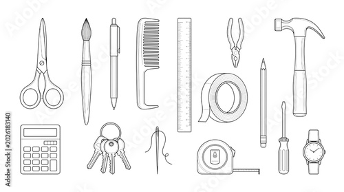 Foto Essential tools and creative supplies collection for technical design, highlight