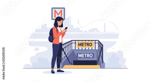 Woman with backpack checking phone at metro station entrance, urban commute concept