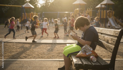 Overweight child using smartphone alone at playground with junk food