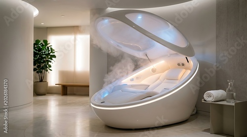 Futuristic wellness pod with steam and ambient lighting for relaxation