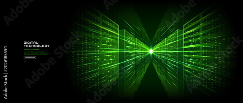 Tableau sur toile Abstract green data center background with glowing digital server room, futuristic tech network and ai technology concept