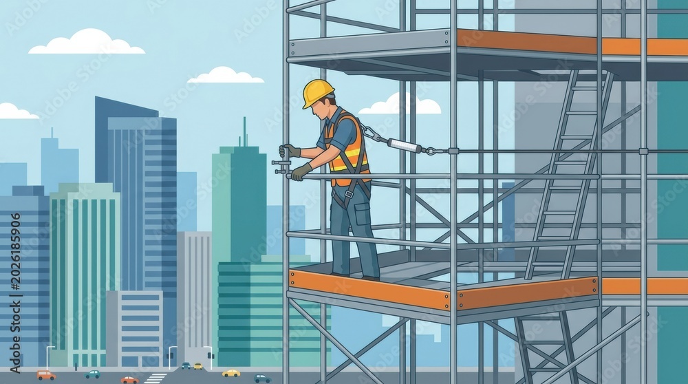 Naklejka premium Construction worker uses tools while standing on scaffolding overlooking a city. The scene shows modern buildings and urban life.