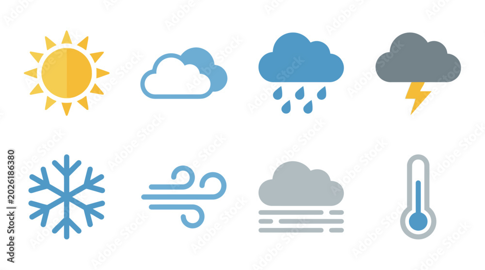 Obraz premium Weather Icons Set: Sun, Clouds, Rain, Storm, Snowflake, Wind, Fog, Thermometer