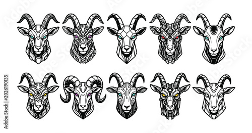 Collection of ten detailed goat head silhouettes with wild animal, farm animal