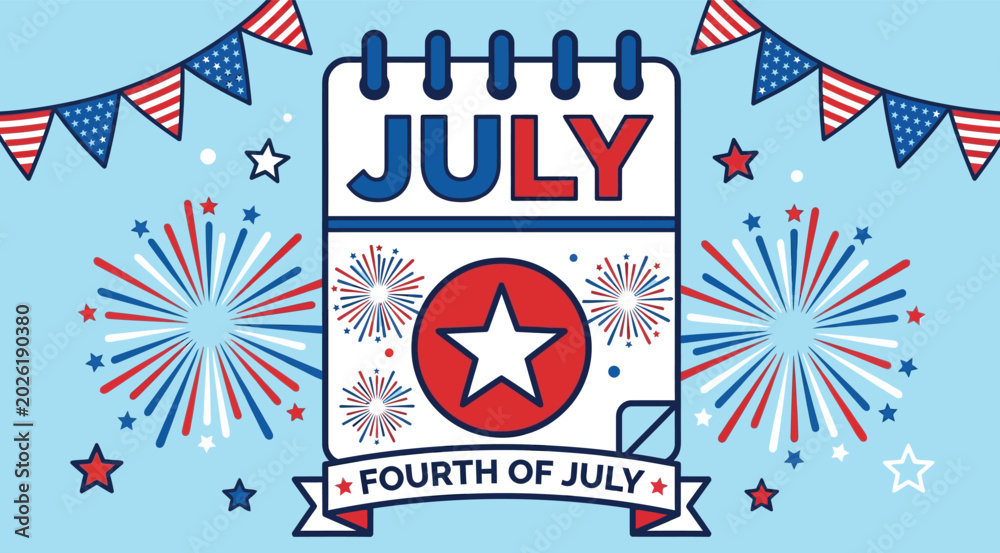 Fototapeta premium Fourth of July celebration banner with fireworks, stars and stripes, festive summer holiday design
