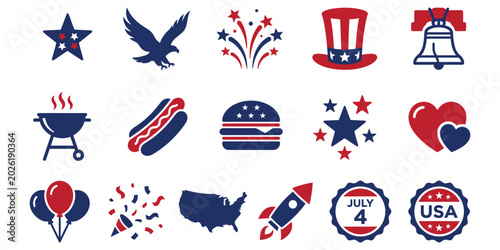 Colorful patriotic American symbols and holiday icons set on white background