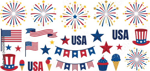 Bild auf Leinwand Colorful patriotic bunting and fireworks celebrating national event with USA fla