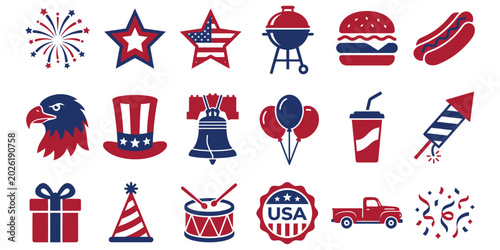 Cuadro en lienzo Colorful 4th of July Vector Icons Set with Fireworks, Flags and Patriotic Decora