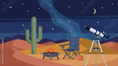 Desert Stargazing Camping Scene with Telescope and Cactus Vector