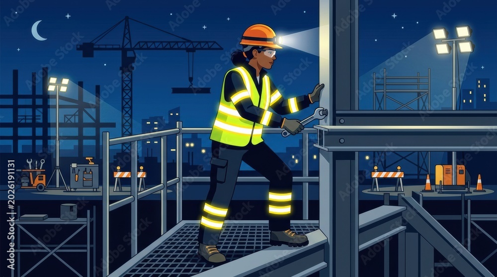 Fototapeta premium A worker is at a construction site at night. The person uses a wrench on scaffolding while lights illuminate the background.