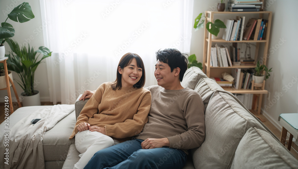 Obraz premium リビングで穏やかな時間を過ごす日本人夫婦の生活人物写真