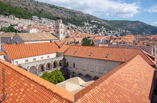 The iconic red terracotta rooftops and historic stone buildings in the Old Town of Dubrovnik, Croatia