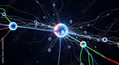 Abstract glowing neural network with colorful interconnected nodes and pathways