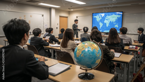 地球儀を囲んで学ぶ日本人セミナー参加者の明るい写真