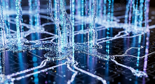Abstract digital data streams flowing through glowing circuit board pathways