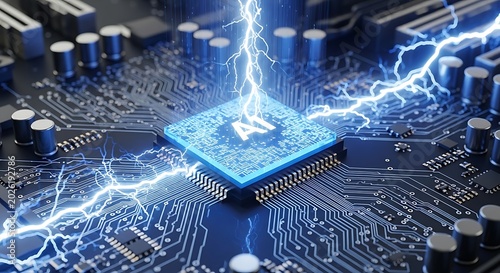 AI chip with lightning strikes on a complex circuit board, symbolizing power and innovation