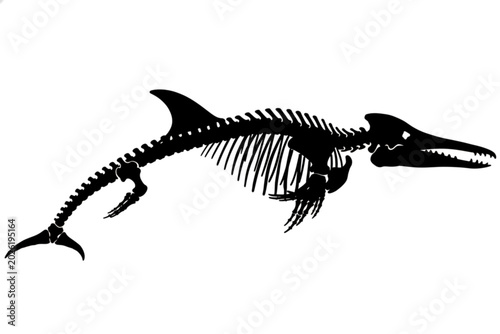 Tablou pe pânză Fossilized Ichthyosaur Skeleton: A detailed silhouette of an ichthyosaur skeleton, showcasing its ancient marine reptile anatomy, presented as a stark black graphic on a white background
