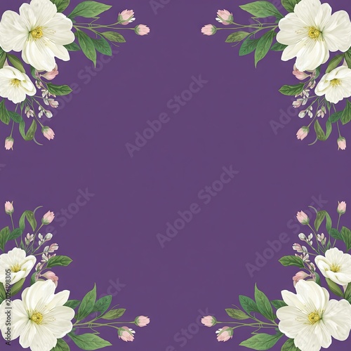 Four identical clusters of white flowers and pink buds arranged symmetrically in the corners of a dark purple background
