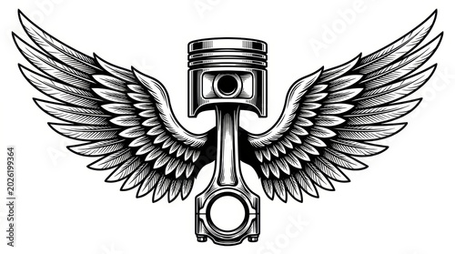 Engine piston with outstretched wings symbolizing speed, power, and automotive performance, black-and-white sketch engraving style vector illustration created with generative AI. 