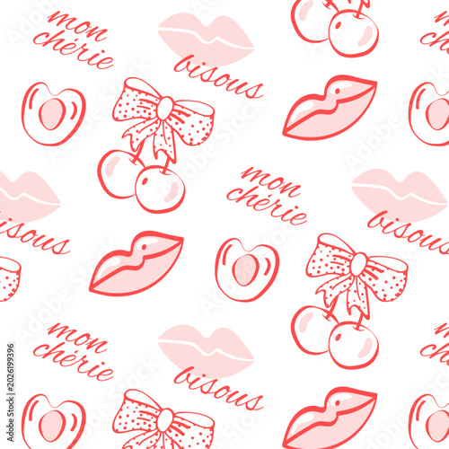 Bild auf Leinwand Coquette aesthetic seamless pattern - romantic pink and white background with ch