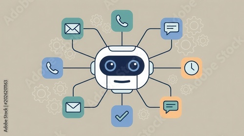 Digital chatbot face connected to various service icons for automated customer service and ticketing.