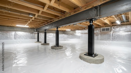 Foundation repair showing steel support beams, structural reinforcement, and crawl space stabilization.
