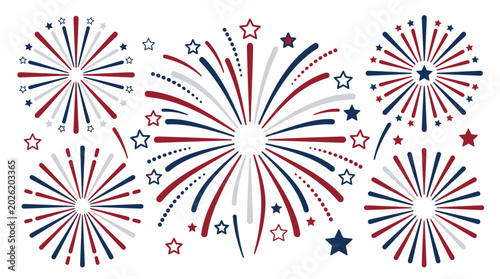 Assorted red white and blue fireworks explosion pattern.