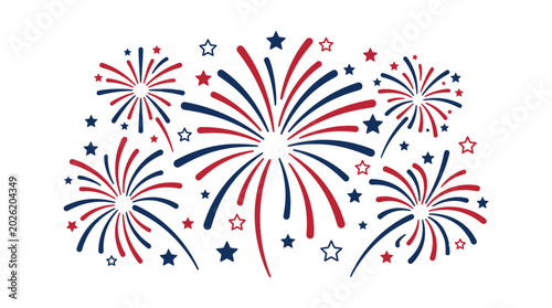 Patriotic red and blue fireworks burst with star elements.