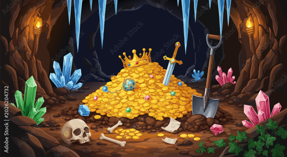 Εκτύπωση καμβά Discover a hidden treasure hoard in this enchanting vector illustration, complet