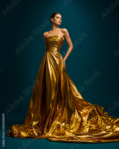 A woman in a golden metallic gown poses with a dramatic long train.