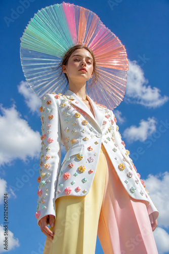 Stylish woman in an embroidered white blazer posing with a pastel parasol under a blue sky.