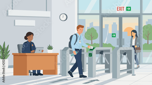 People passing through security turnstiles at office building entrance with receptionist
