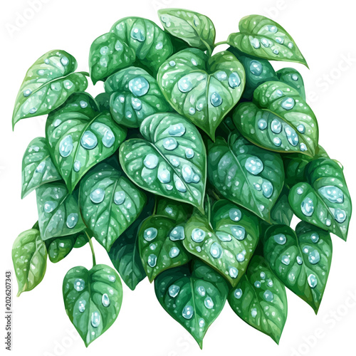 Cuadro en lienzo watercolor of Dewy Green Spring Leaves draw, isolated on a white background