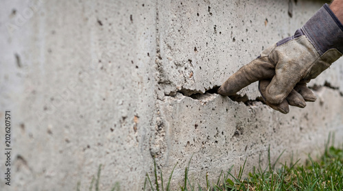 Man pointing at crack in foundation wall. Construction worker inspecting damaged concrete structure. Building maintenance and structural engineering problem. Repair and home renovation service.