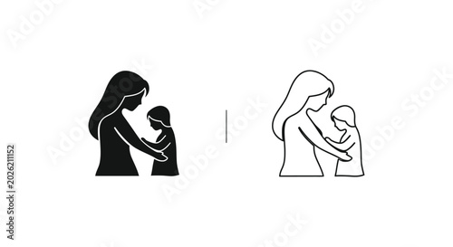Minimalist mother and child icon set, black silhouette and outline vector of mom hugging daughter, maternal love and parenting symbols