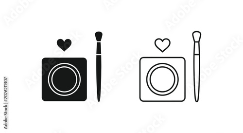 Minimalist makeup powder and brush icons, black and white cosmetic vector set, beauty product line art with heart symbol for salon branding