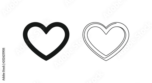 Minimalist heart icon set, black outline love symbols, simple romantic vector elements for social media and wedding UI design