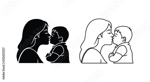 Minimalist mother and child silhouette vector, loving mom kissing baby line art, black and white motherhood icons for family branding and greeting cards