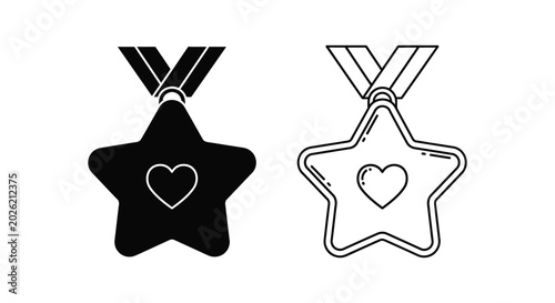 Star medal icons with heart symbol, black and white award vector set, achievement and appreciation badges for charity or volunteer recognition