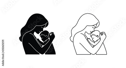 Minimalist mother and baby silhouette icons, loving mother embracing newborn child line art, maternal care and motherhood vector illustrations