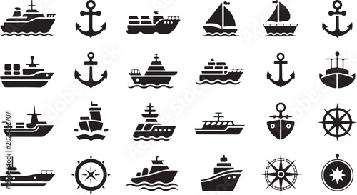 Photos boat silhouette set with anchor, compass rose, nautical symbol