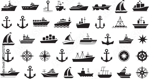 Tableau sur toile maritime icon collection of boat, anchor, compass rose, ship