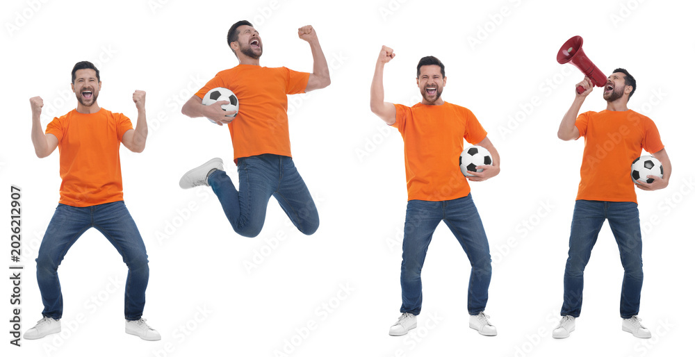 Obraz premium Excited fan. Portraits of man on white background, collection