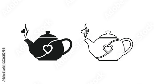 Minimalist teapot icons with heart detail, black silhouette and outline tea pot vector set, romantic kitchenware illustrations for cafe branding