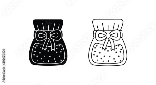 Minimalist gift bag icons set, black and white drawstring pouch vectors with ribbon bow, decorative fabric sack illustrations for packaging